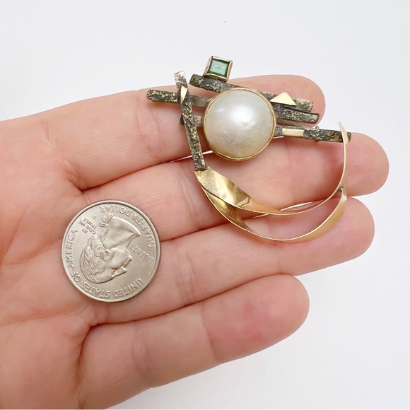Vintage Carolyn Thomas 14K Gold Sterling Brass Mabe Pearl Emerald Brooch Pin - Picture 3 of 15